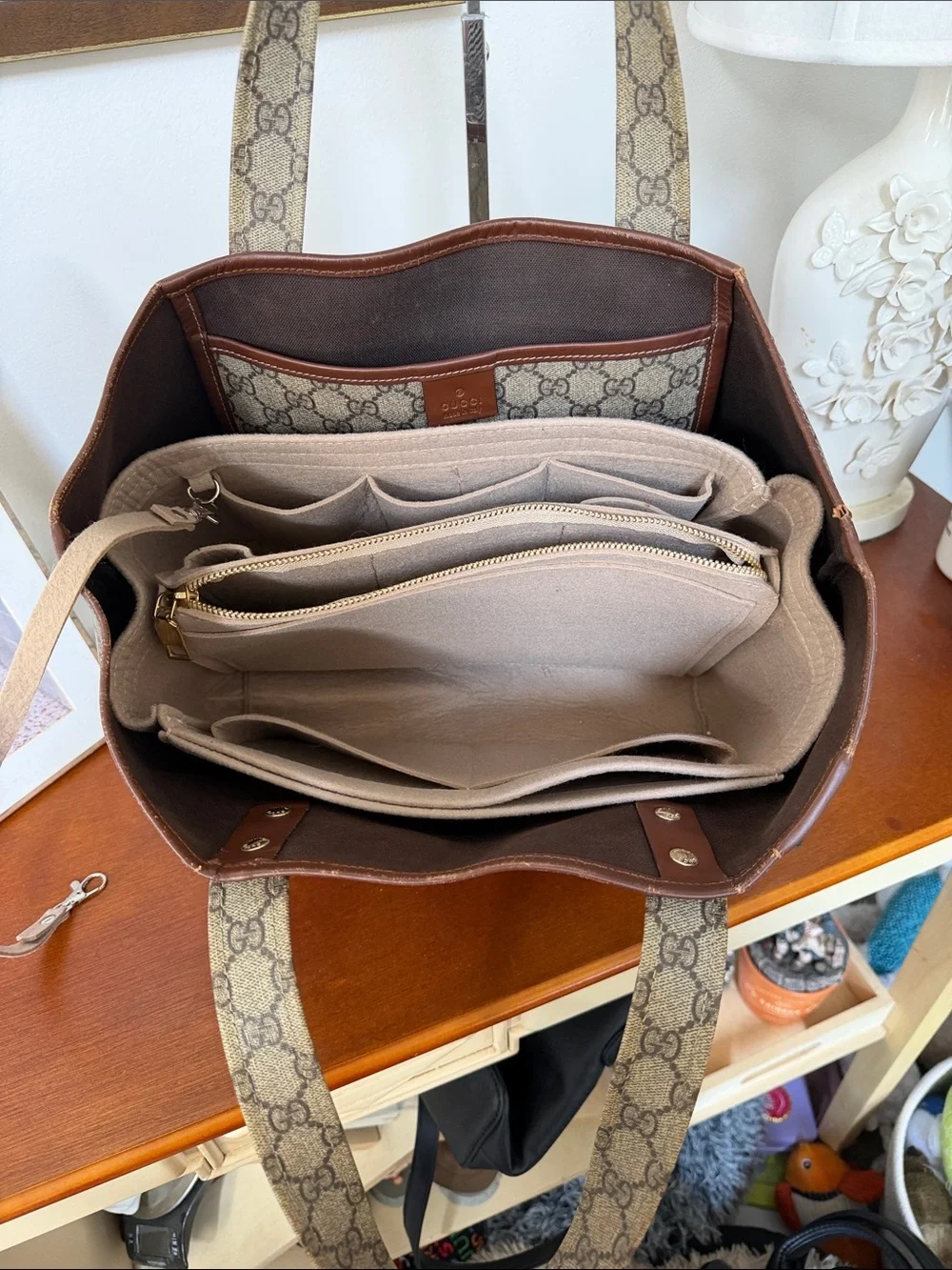 Gucci Beige/Brown GG Canvas Tote with Brown Leather Handles and Green/Red Web